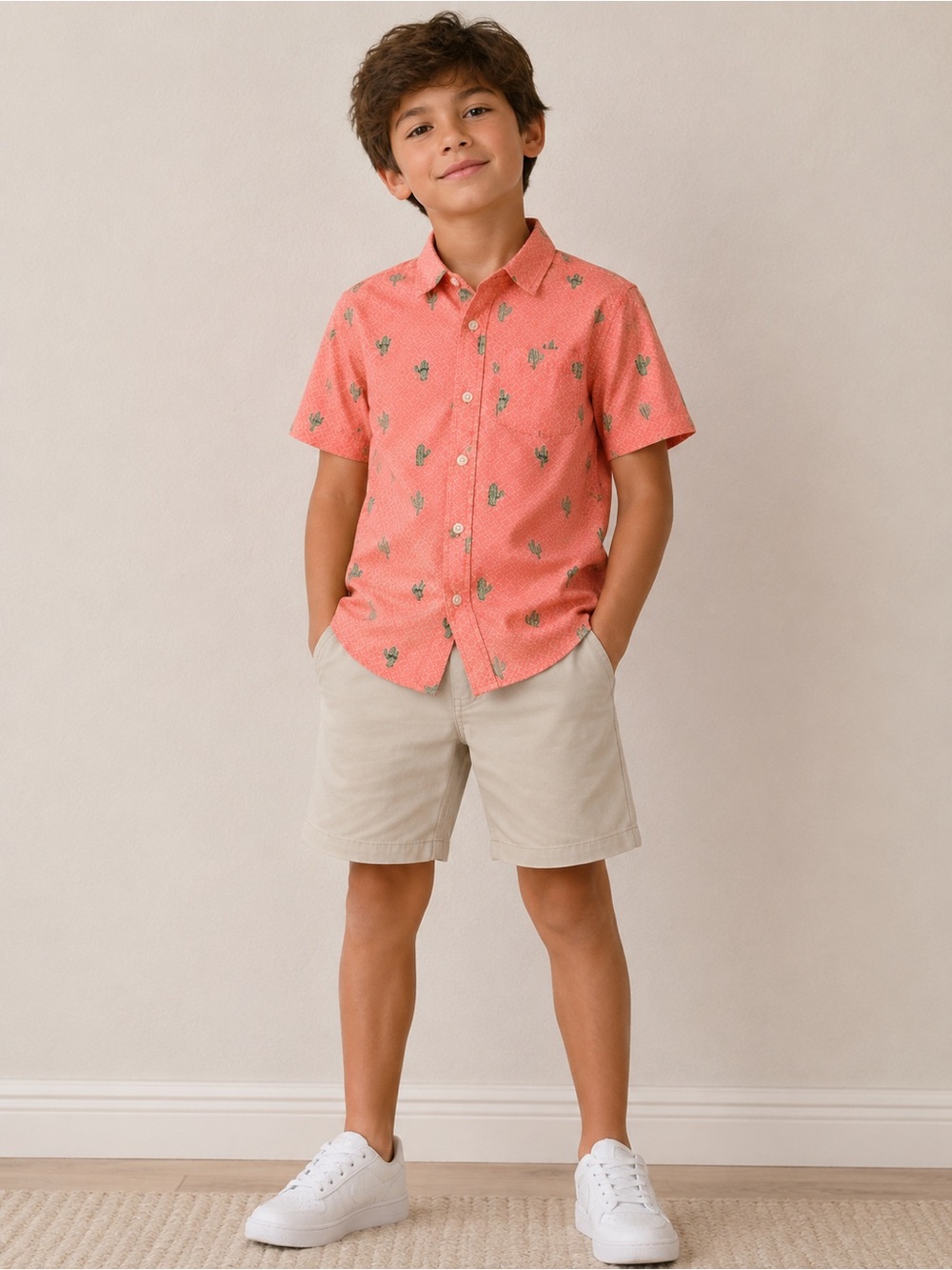 Boys M 7/8 The Children’s Place Cactus Button Up Shirt Short Sleeve Orange Coral